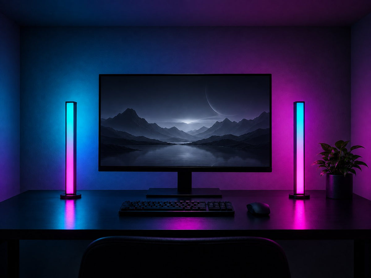 Bureau éclairé par deux barres Halo cyan et magenta