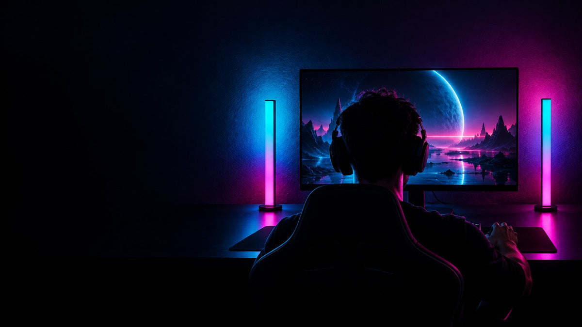 Setup gaming éclairé par deux barres Halo cyan et magenta